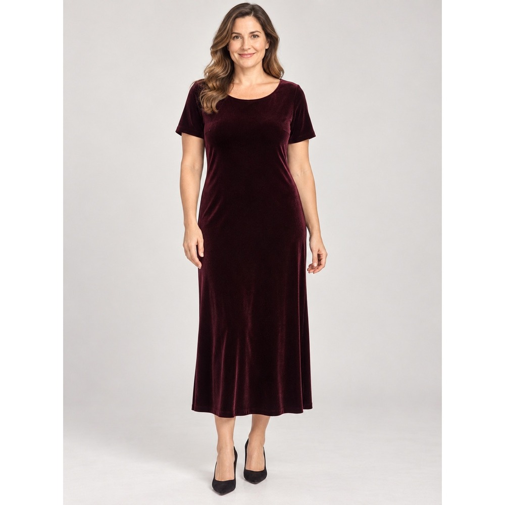 Carole Little Velvet Maxi Dress Womens Size 12 Burgundy Short Sleeve Formal